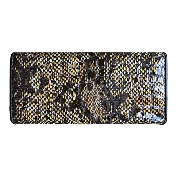 TEMANLI Patent Leather Bifold Wallet Brown Logo Snake Print - Picture 3 of 8